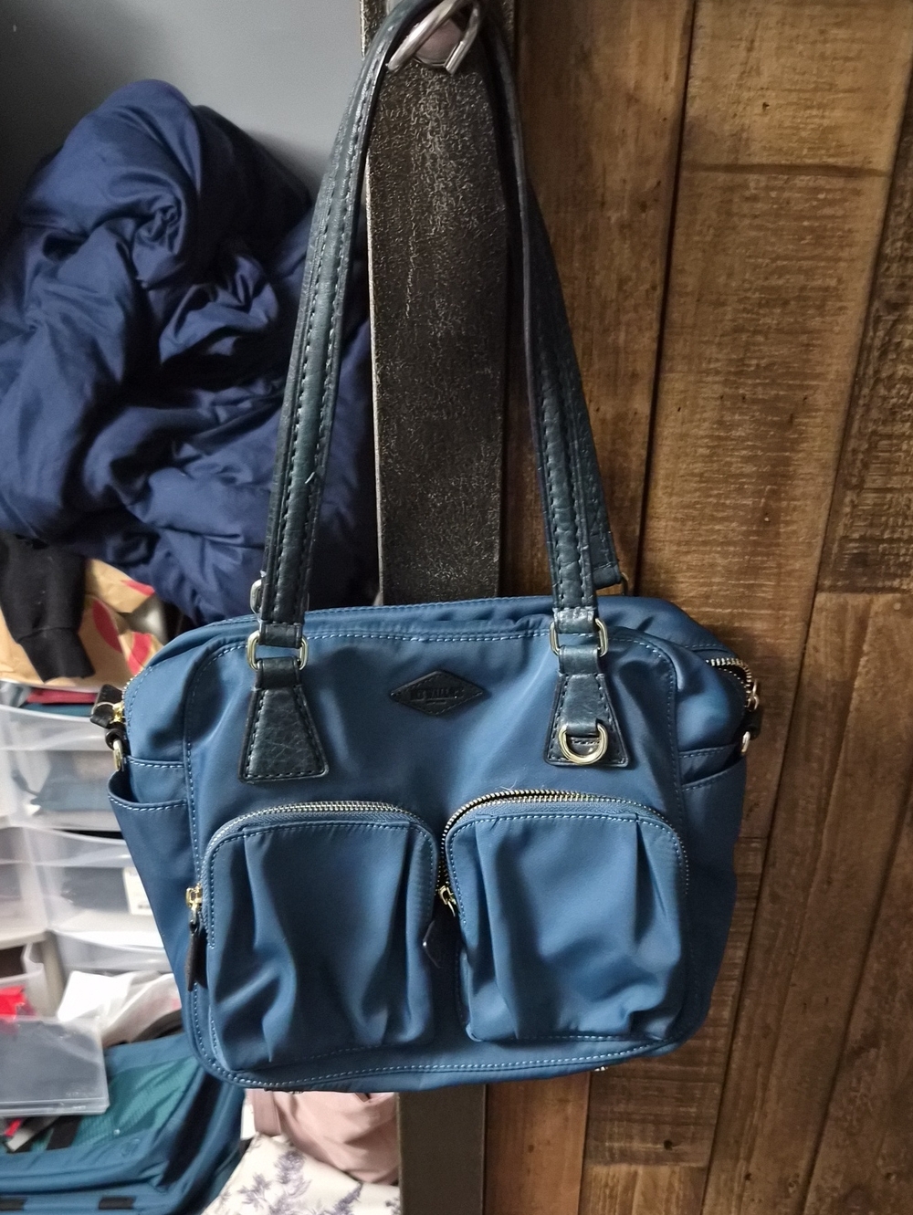MZ Wallace Blue Nylon Shoulder Bag with Dual Front Pockets